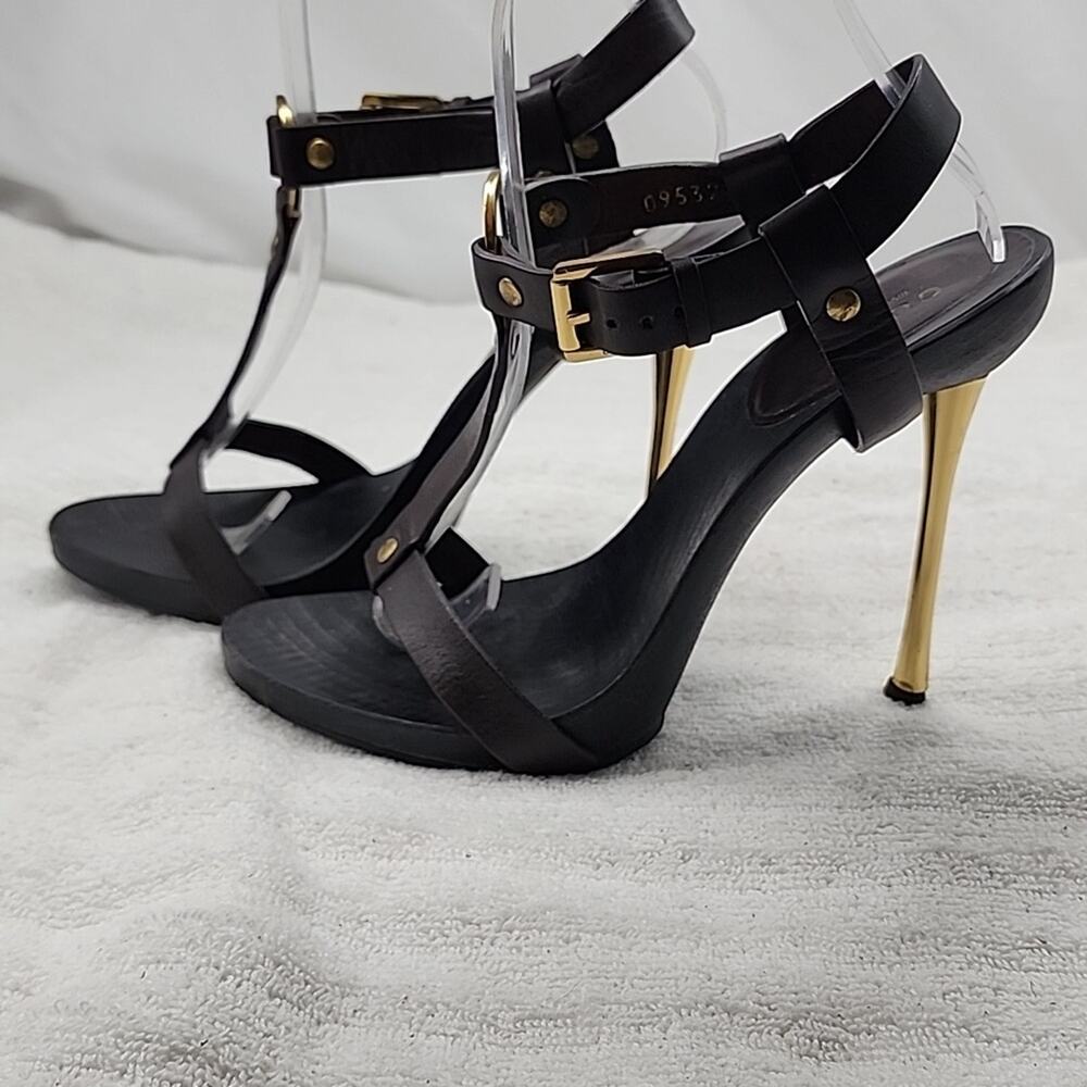 GUCCI KYLIE VINTAGE STILLETOS WOODEN PLATFORM LEATHER T-STRAP HEELS 7.5 GUC - Picture 6 of 16